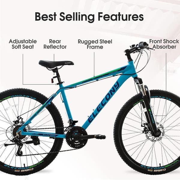 26" Stell Mountain Bike Bicycle Blue 21 Speed Disc Brakes Front Suspension 