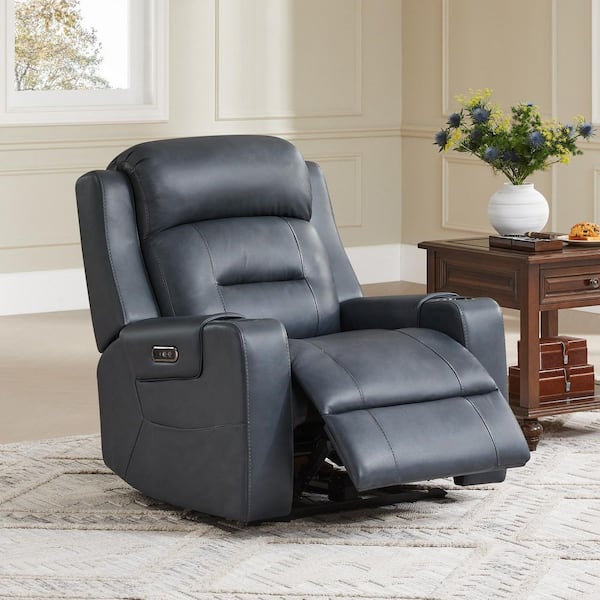 Finn Navy leather Oversized Power Recliner Chair with Power Headrest,Pockets, Cup Holders and USB & Type-C Charging Port