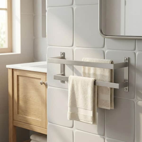 20 in. Square Double Staggered Wall Mounted Towel Rack, Stainless Steel Towel Bars in Brushed Nickel