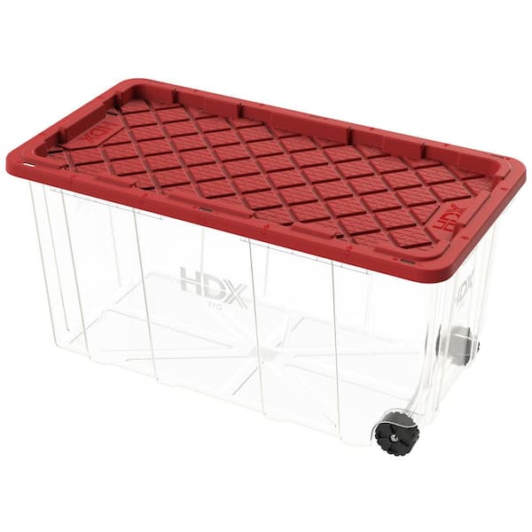 77 Gal. Tough Storage Tote with Wheels in Clear with Red Lid