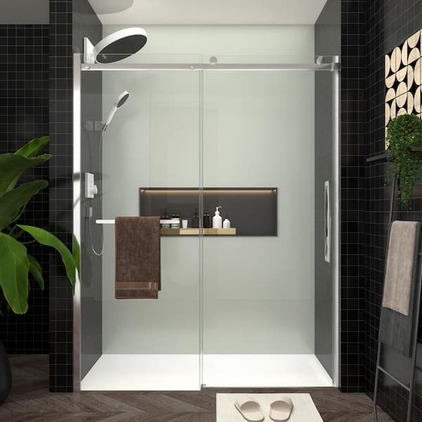 60 in. W x 76 in. H Sliding Semi - Frameless Shower Door in Chrome Finish with Clear Tempered Glass