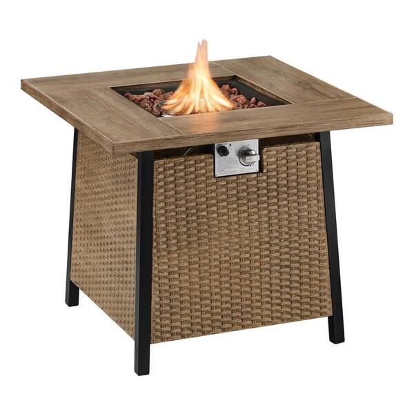 Home Decorators Collection Tucson 30 in. x 25.5 in. Square Steel Light Wood-look Tile Top LP Gas Fire Pit, Tan