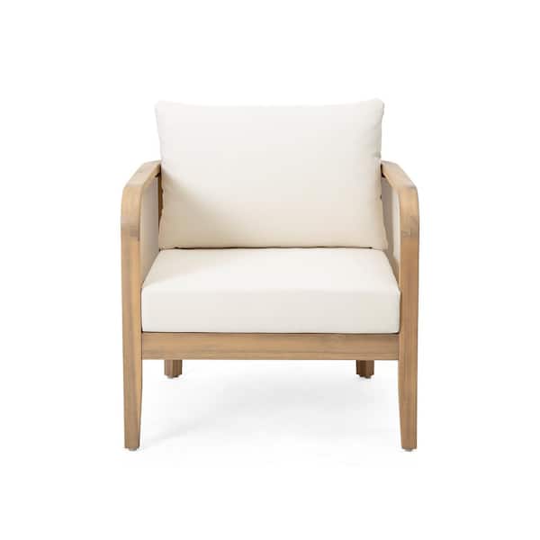 Zeus & Ruta Light Teak Frame Acacia Wood Outdoor Lounge Chair Patio Club Chair with Beige Cushion Deep Seating for Garden, Backyard