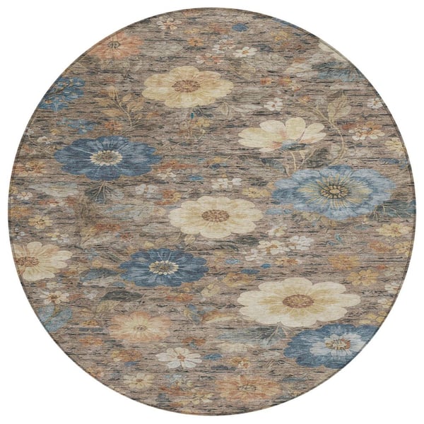 Chantille Machine Washable Indoor/Outdoor Abstract ACN2944 Khaki 8 ft. x 8 ft. Round Rug