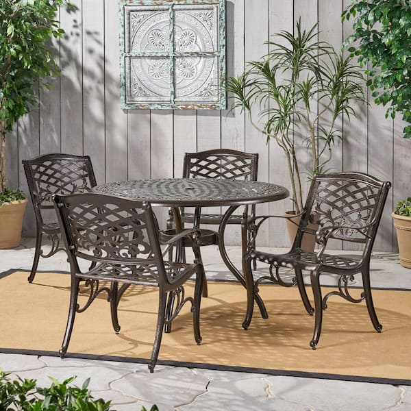 5-Pieces Aluminium Outdoor Dining Set with Round Table, Bronze