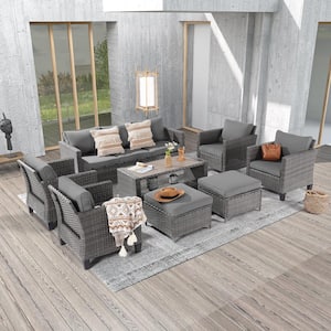 8-Piece Gray Wicker Outdoor Seating Sofa Set with Ottomans and Coffee Table, Thickening Gray Cushions