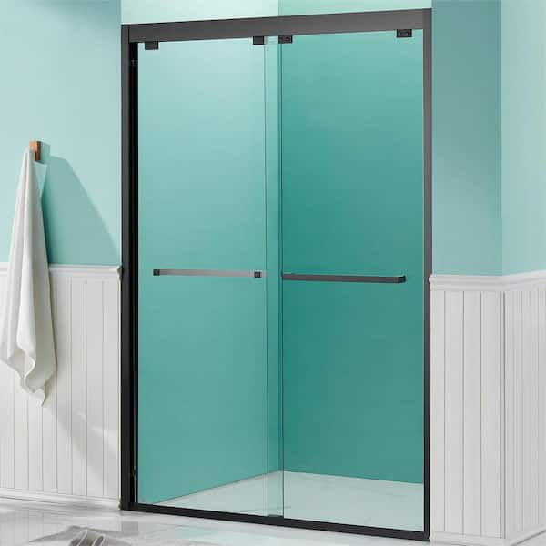 waterpar 56 in. to 60 in. W x 76 in. H Semi-Frameless Sliding Shower Door in Black with Clear Glass