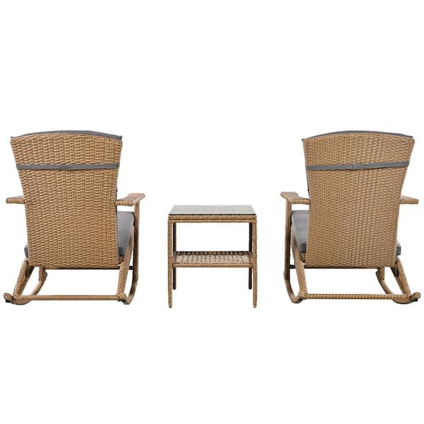Zeus & Ruta Brown Wicker Double Outdoor Rocking Chair with Gray Cushions and Coffee Table for Backyard, Garden, Poolside