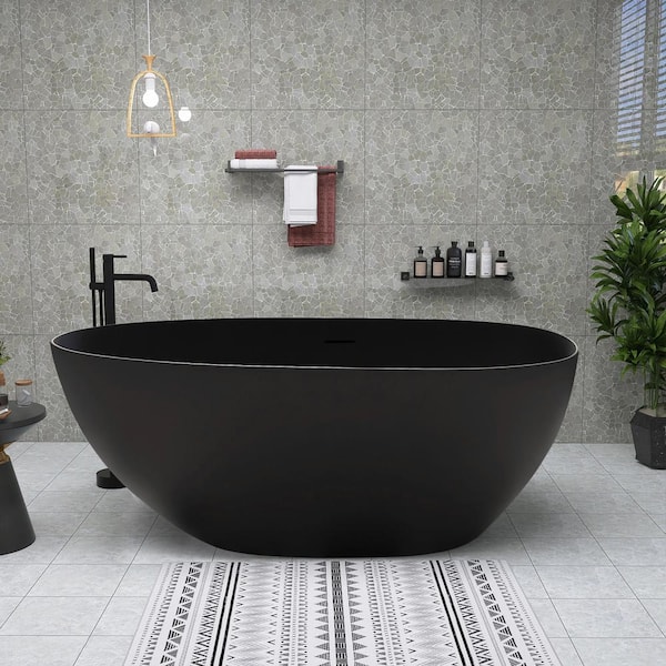 ANGELES HOME 59 in. x 31 in. Solid Surface Stone Resin Freestanding Soaking Bathtub with Center Drain in Matte Black