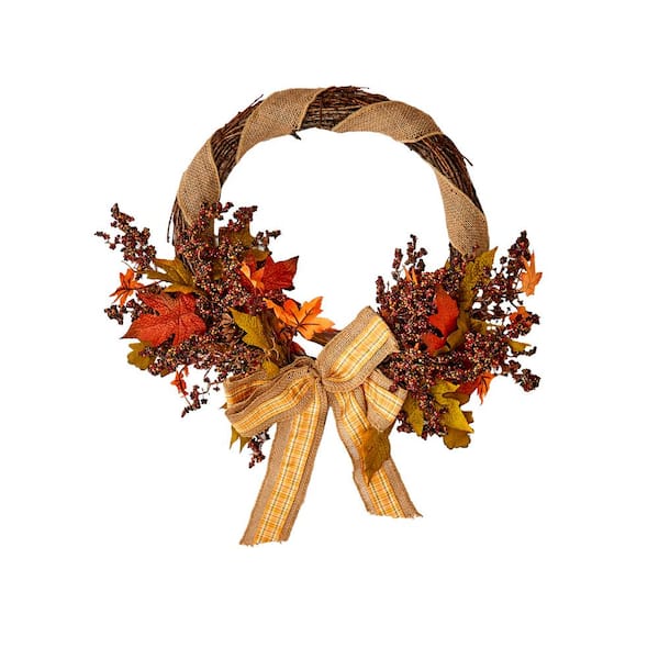 Worth Imports 18 in. Artificial Fall Maple Leaves Wreath with Bowknot