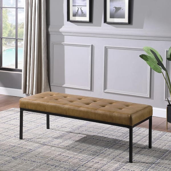 Light Brown Vegan Leather Tufted Metal 54 in. Bedroom Bench Without Back