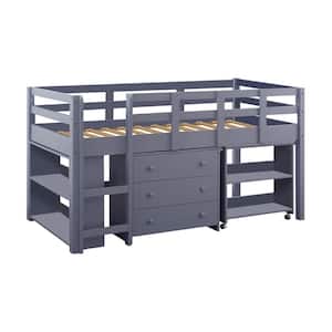 Gray Twin Loft Bed with Desk, Low Study Kids Loft Bed, Low Loft Bed with Desk, Storage Cabinet, Ladder, Bookcase Shelf
