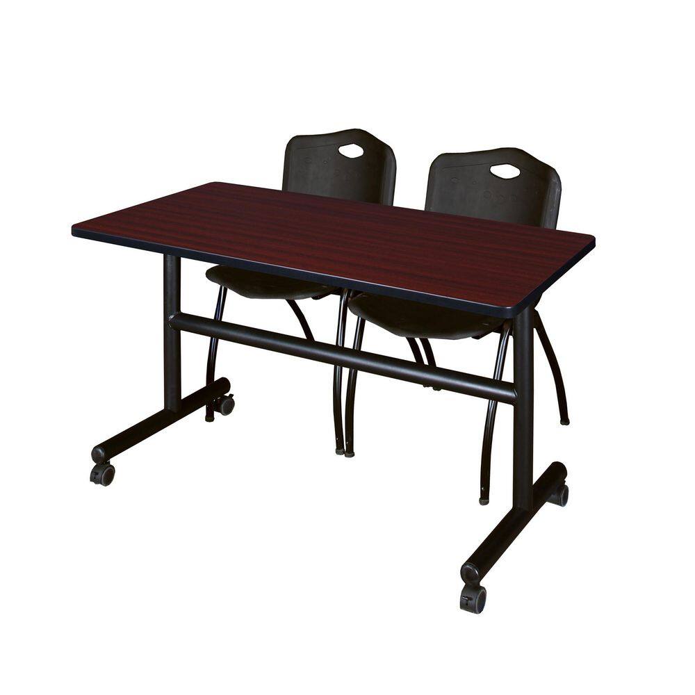 Kobe 48 in x 30 in. Mahogany Flip-Top Training Nesting Table Desk, 2 M Stack Chairs-Black