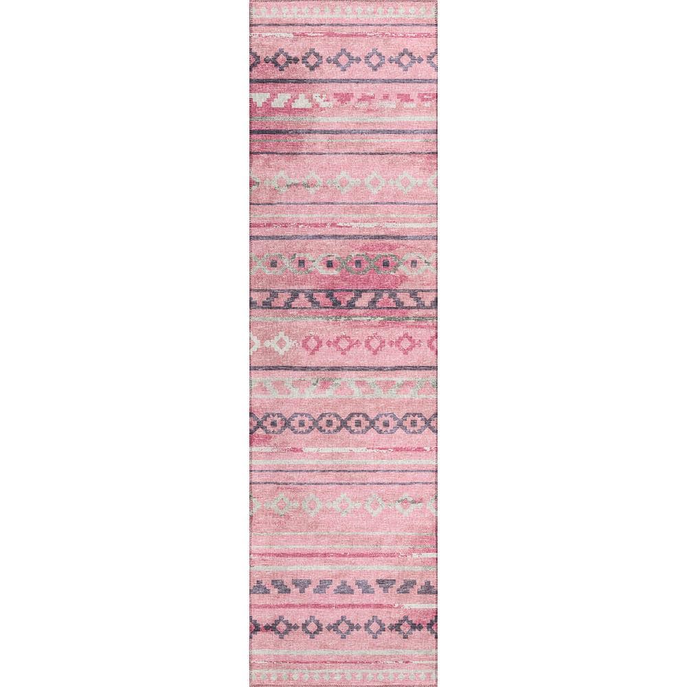 Yuma Pink 2 ft. 3 in. x 7 ft. 6 in. Geometric Indoor/Outdoor Washable Area 