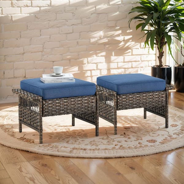 Opohoro Brown Wicker Outdoor Ottoman, PE Rattan Ottoman with Navy Blue Cushions for Patio Backyard Porch (2-Pack)