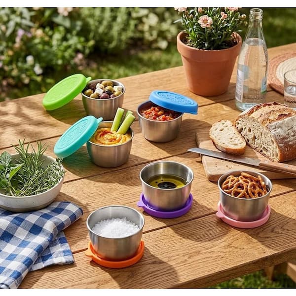 Stainless Steel Colorful Silicone Portion Cup Lid Food Storage Condiment Cups for 2.4 oz. Cups Leakproof 6-Pieces Pack