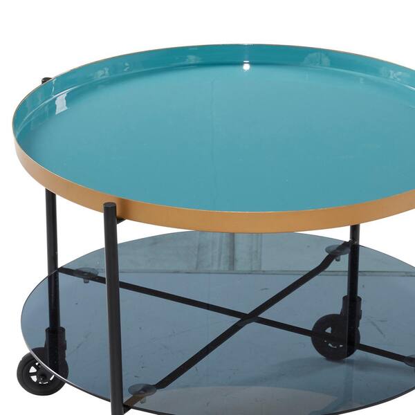Litton Lane 26 In X 19 Round Black Metal Wheeled Coffee Table With Teal Enamel Tray Top And Tinted Glass Shelf 18346 Round Black Metal Wheeled Coffee Table, Teal Blue Coffee Table