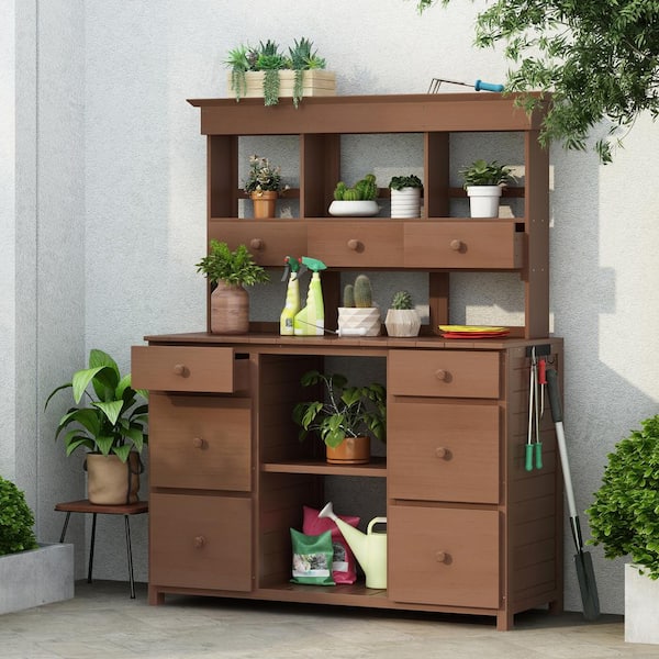 Boosicavelly Brown Outdoor Potting Bench Table with Multiple Drawers and Shelves for Storage