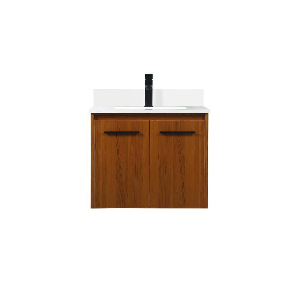 Timeless Home 24 in. W Single Bath Vanity in Teak with Quartz Vanity Top in Ivory with White Basin with Backsplash, Brown