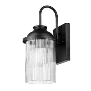 1-Light Matte Black Outdoor Hardwired Wall Sconce with Ribbed Glass Shade