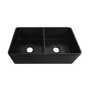 33 in. 60/40 Double Bowl Granite Composite Undermount Kitchen Sink in Black with Grid and Strainer