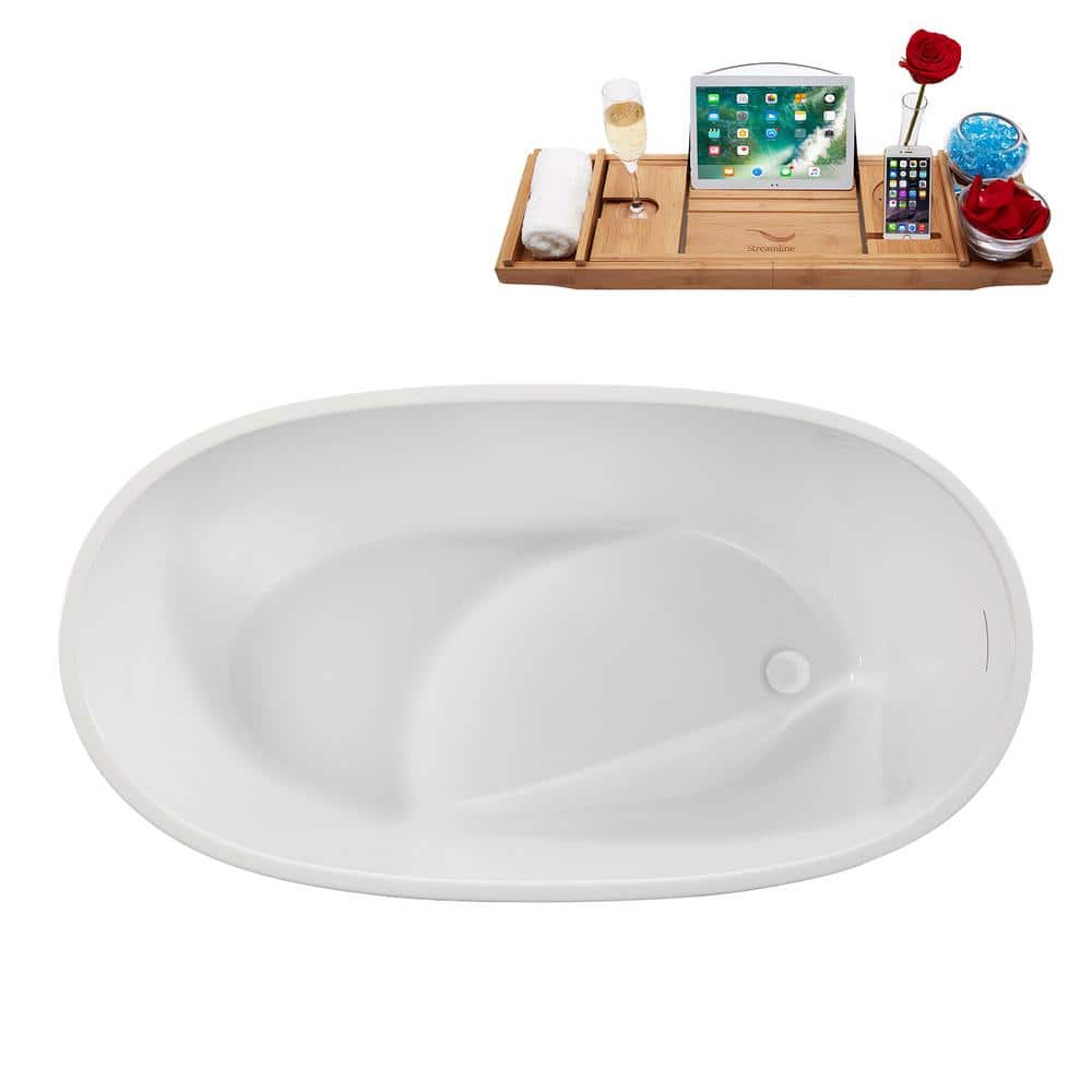 51" Glossy White Acrylic Freestanding Soaking Bathtub with Bamboo Tray