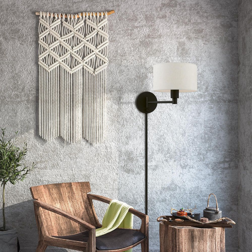Transitional Black Swing Arm Wall Lamp with Oatmeal Fabric Shade