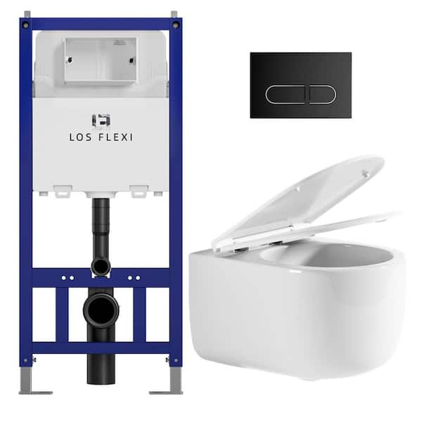 Los Flexi Round Bowl Wall Mount Toilet Combo Set, 0.8/1.6 GPF Dual Flush, Rimless Tornado Flushing, Push Plate Included
