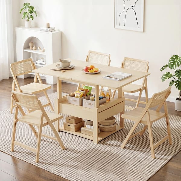 25.9 in. Natural Rectangle Wood End Table with Lift-Top, Storage Shelf, Convertible Design, Expandable Dining Function
