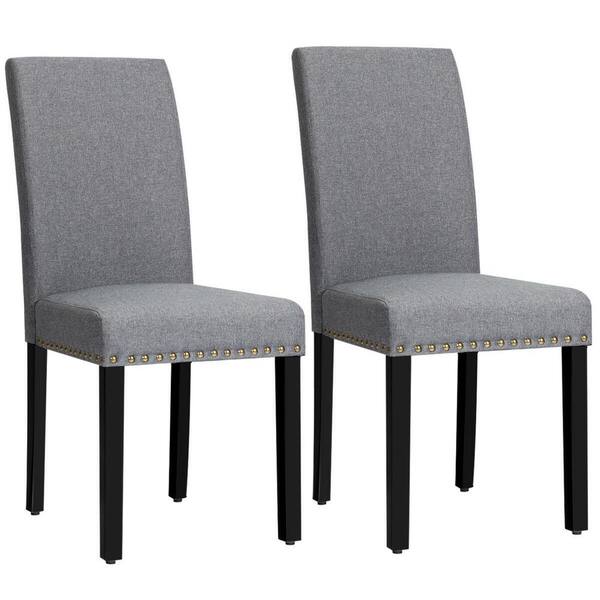 Costway Gray Fabric Dining Chairs with Nailhead Trim and Wood Legs (Set