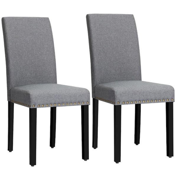 Costway Gray Fabric Dining Chairs with Nailhead Trim and Wood Legs (Set of 2)