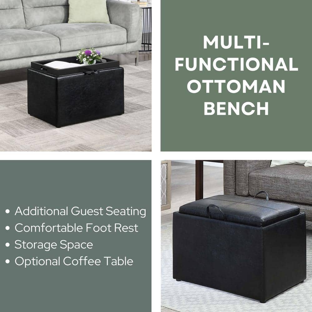 Versatile Black Faux Leather Storage Ottoman with Serving Tray