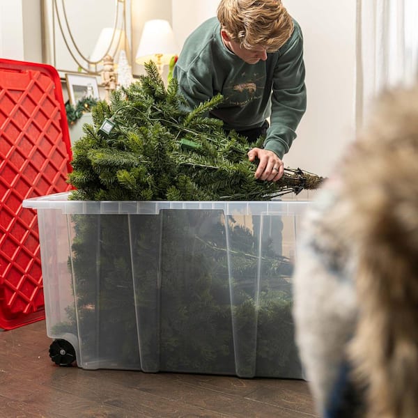 HDX 77 Gal. Tough Storage Tote with Wheels in Clear with Red Lid