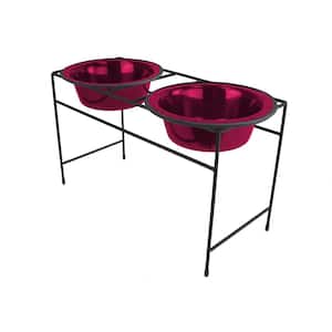 Modern Double Diner Feeder with Stainless Steel Cat/Dog Bowls, Raspberry Pop