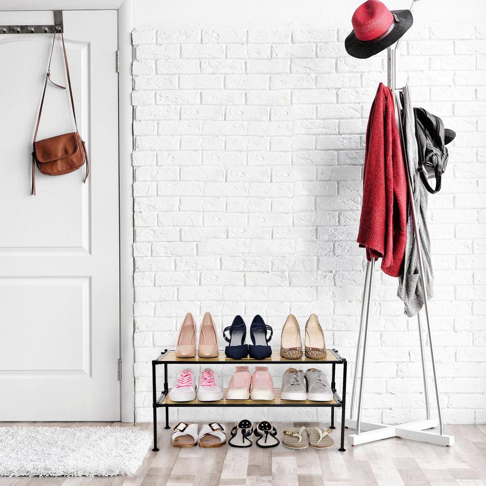 28'' Black Metal and Woodgrain 2-Tier Stackable Shoe Rack