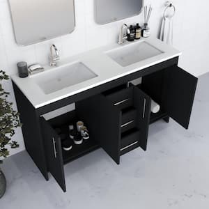 Capri 60 in. W x 22 in. D Bathroom Vanity in Black with Microstone Vanity Top in White with White Basins