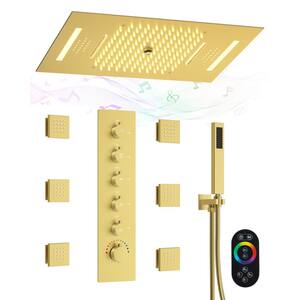 5-Spray Patterns 23 in. L x 15 in. W 2.5 GPM Ceiling mount Fixed Shower Head with Handheld in Brushed Gold