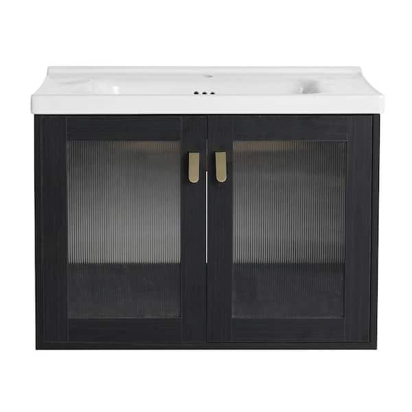 Modland Yunus 27 in. W. x 18 in. D x 20 in. H Single Sink Floating Bath Vanity in Black with White Ceramic Top