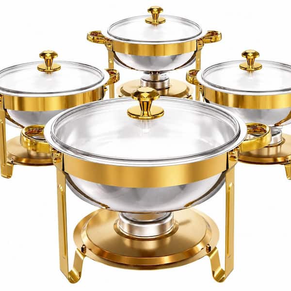 Gold Stainless Steel Round Chafing Dish Set with Glass Lid, 5 Qt Buffet Warmers, 4 Pack