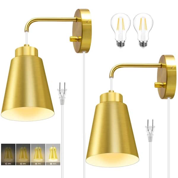 8.2 in. 2 Light Gold LED Vanity Light Bar with Plug In or Hardwired Dimmable Wall Fixture Set of 2