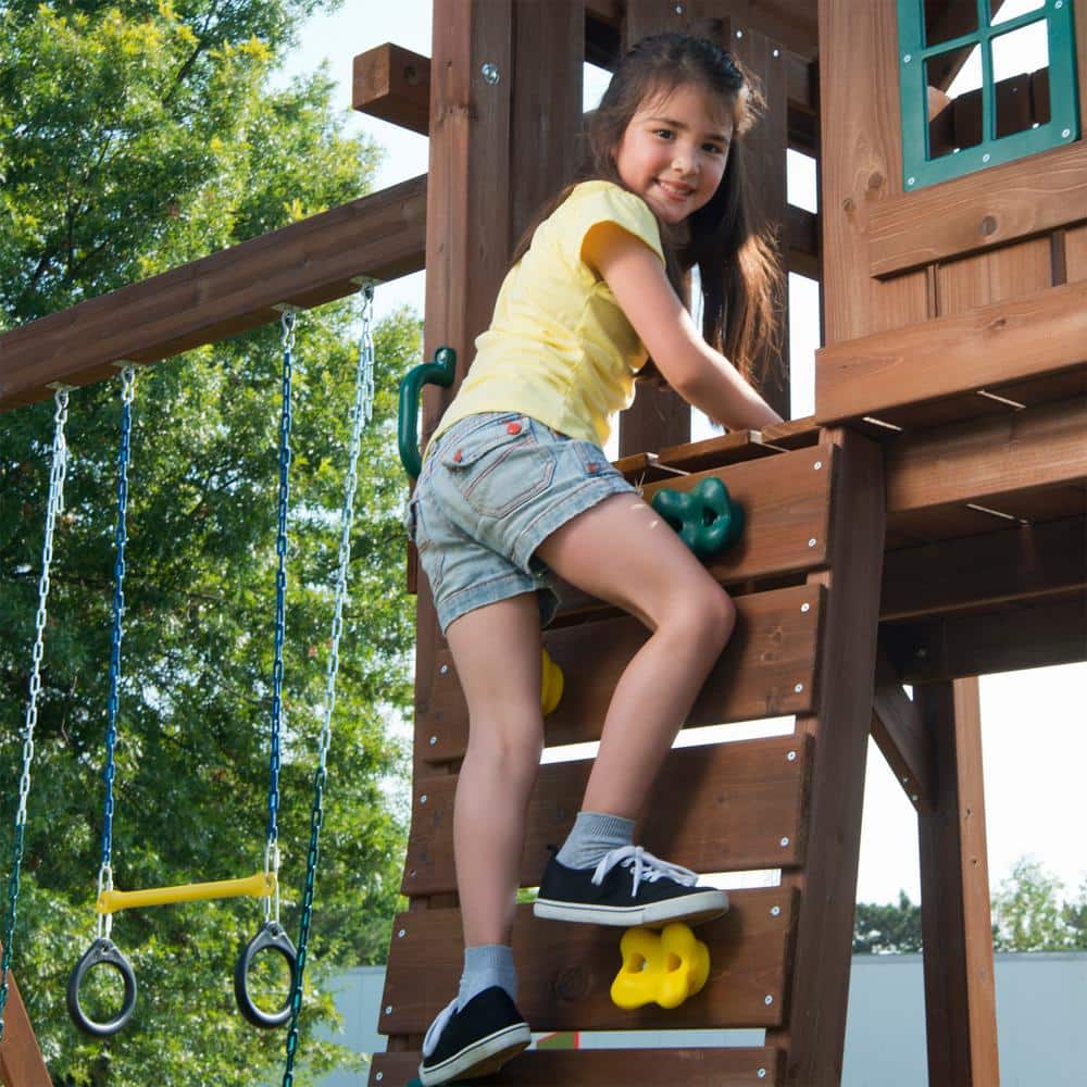 Monteagle Wooden Outdoor Swing Set with Wave Slides and Swings