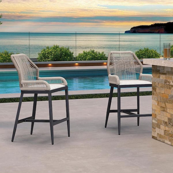 PURPLE LEAF Modern Aluminum Boho Woven Outdoor Counter Height Outdoor Bar Stools with Back and Scallop Cushion, Dark Gray(2 pack)