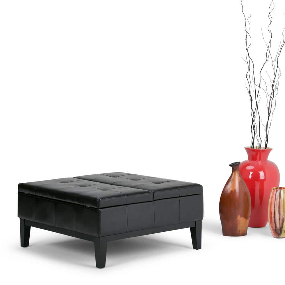 Midnight Black Tufted Faux Leather Cocktail Storage Ottoman
