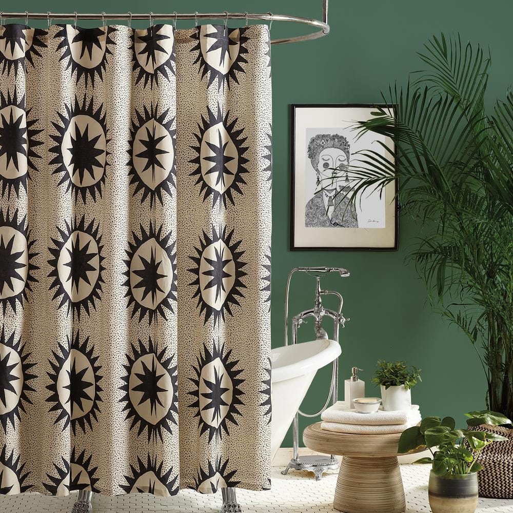 Cream and Black Geometric Cotton Shower Curtain