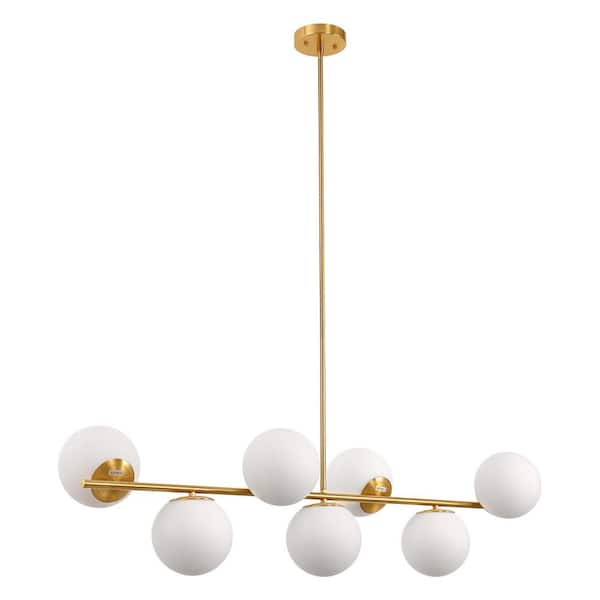 7-Light Gold Linear Island Pendant Light with Frosted Globe Shades E26for Kitchen and Dining (Light Bulbs Not Included)