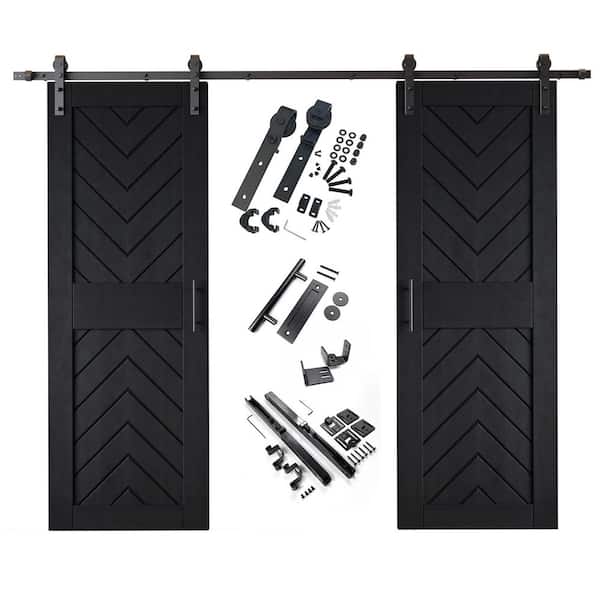 JT4 26 in. x 84 in. C-Panel Black Fishbone Design Double Pine Wood Sliding Barn Door with Hardware Kit