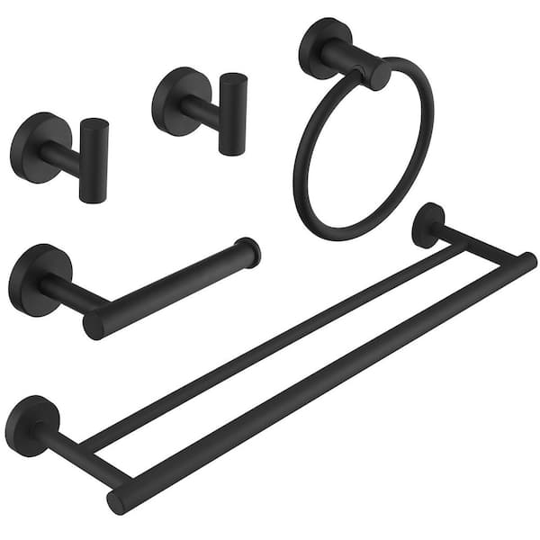 5-Piece Bath Hardware with Towel Bar Towel Rack Towel Hook Toilet Paper Holder and Towel Ring Set in Matte Black