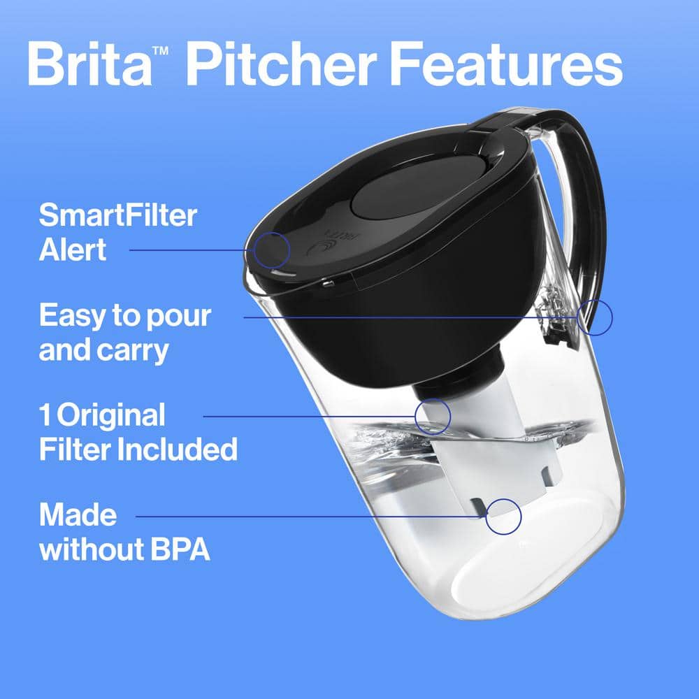Large Black BPA-Free 10-Cup Water Filter Pitcher with Standard Filter