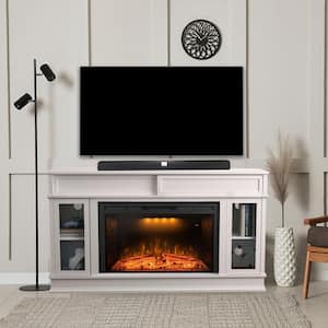 60 in. TV Stand for 65 in. TVs with Electric Fireplace, Built-In Bookshelves, Spring Pressed Glass Door in White