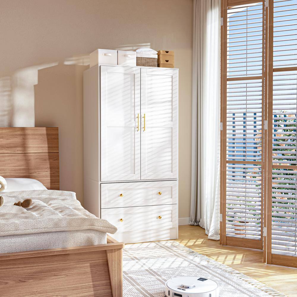 White Shaker Style Two-Door Armoire with Gold Handles